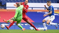 Painful clash: Virgil van Dijk clashed with Everton goalkeeper Jordan Pickford in the Merseyside derby last October