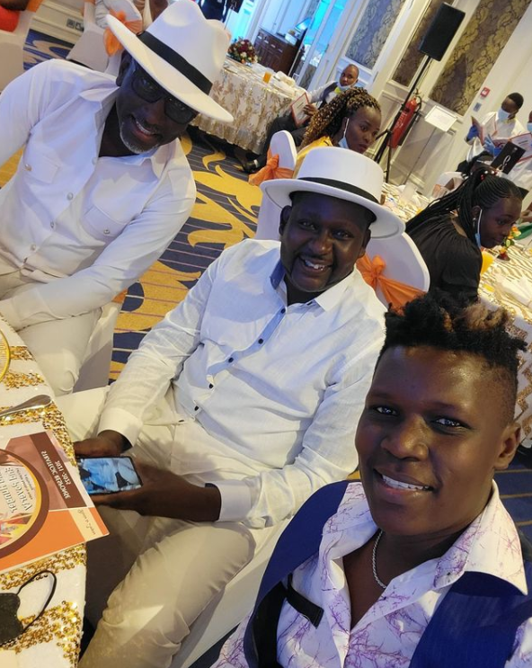 Comedians Churchill Ndambuki (C), Owago Onyiro (R) and clergyman Robert Burale (L) at Akothee Foundation's 1-year anniversary celebration