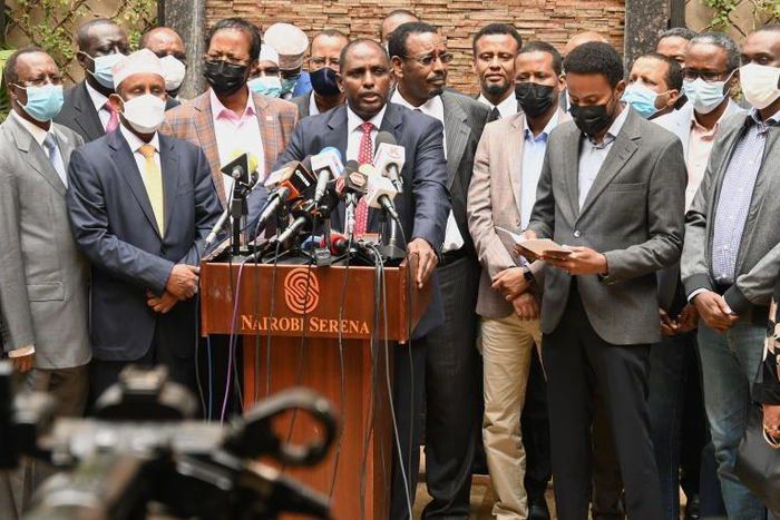 Treasury Cabinet Secretary Ukur Yatani with fellow politicians from the North Eastern region during a recent press address