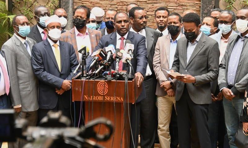 Treasury Cabinet Secretary Ukur Yatani with fellow politicians from the North Eastern region during a recent press address