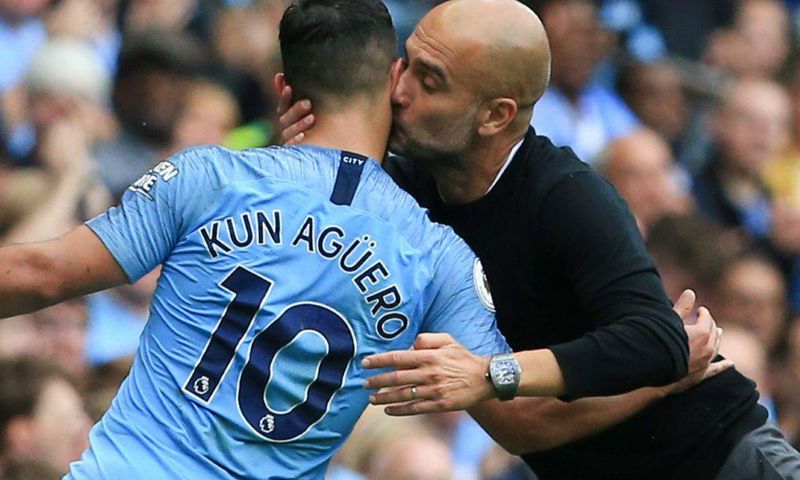 Manchester City manager Pep Guardiola kisses Sergio Aguero after he scored a hat-trick in 2018