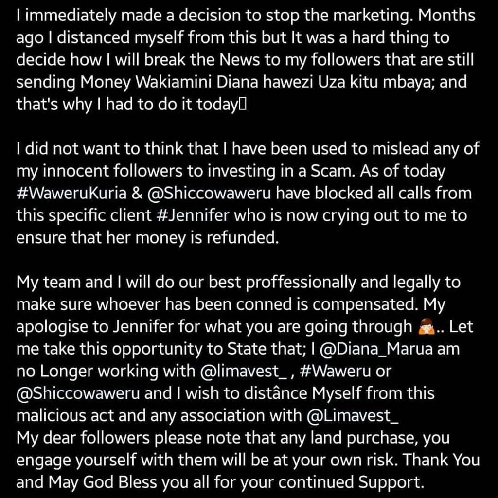 Diana Marua call out Limavest for using her to con Kenyans with Fake Plots