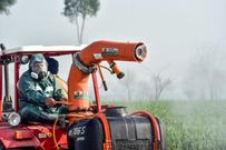 A man sprays pesticides against a swarm of locusts at a farm. (COURTESY: AFP)