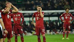 France defender Lucas Hernandez (C) and his Bayern Munich team-mates look shell-shocked after losing at Moenchengladbach on Wednesday