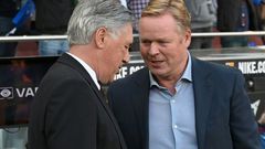 Ronald Koeman (right) greets Real Madrid coach Carlo Ancelotti before the Clasico on Sunday
