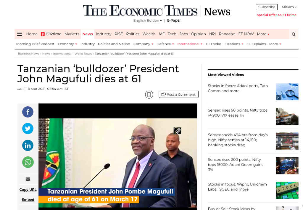 The Economic Times  reports President John Pombe Magufuli
