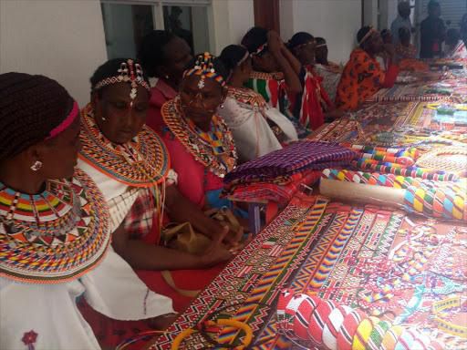 Samburu women display their bead products at a hotel in Maralal town