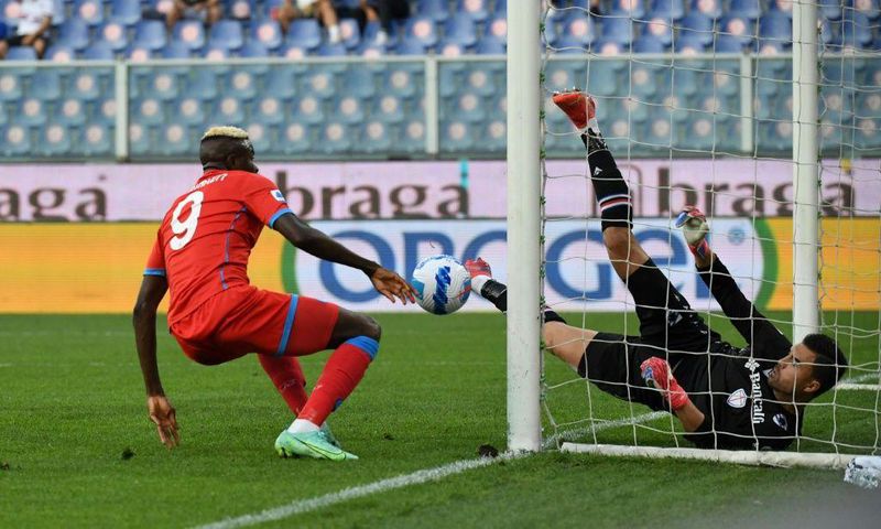 Slice of fortune: Sampdoria goalkeeper Emil Audero had fallen back over his Victor Osimhen's soft shot arrived