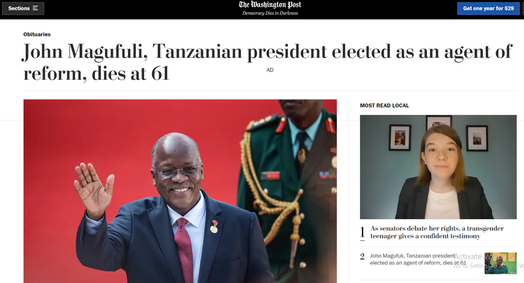 Washington Post reports President John Pombe Magufuli's death