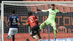 Nigerian striker Terem Moffi (C) scored a hat-trick to move Lorient four points clear of the relegation play-off place