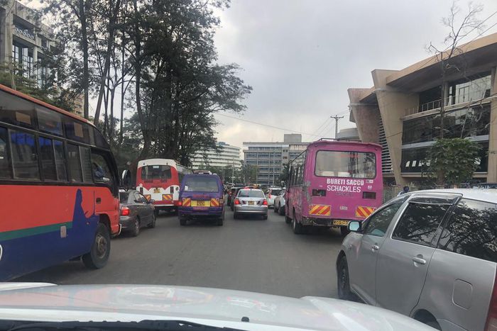 Traffic at Community area in Nairobi as the Nairobi Metropolitan Services (NMS) conducts test at Green Park PSV terminus