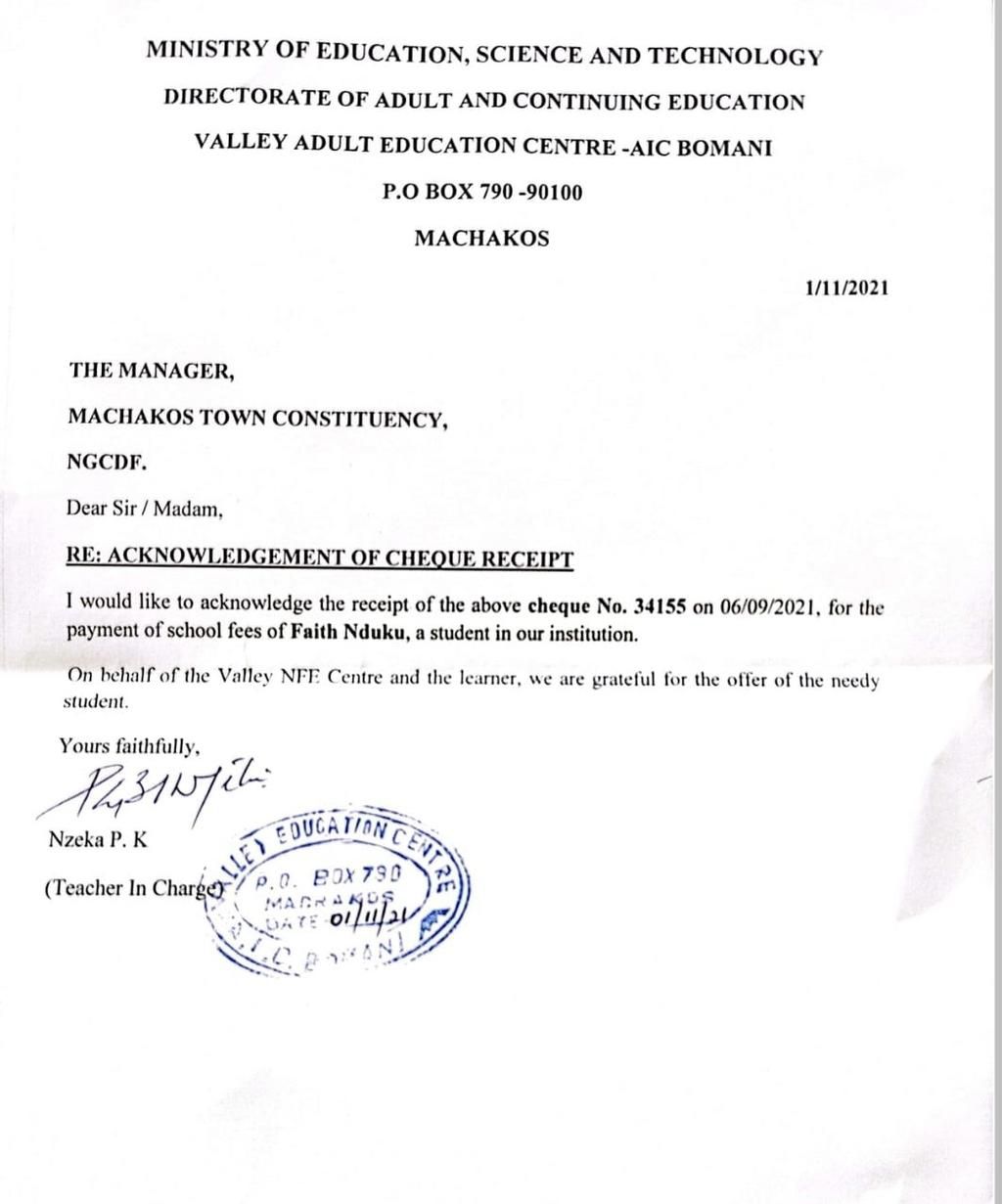 Evidence submitted by Victor Kioko showing that he paid school fees for Elizabeth Mueni's daughter