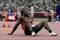 Kenya's Ferdinand Omurwa reacts after competing in the men's 100m semi-finals during the Tokyo 2020 Olympic Games at the Olympic Stadium in Tokyo on August 1, 2021. (Photo by Javier SORIANO / AFP) (Photo by JAVIER SORIANO/AFP via Getty Images)