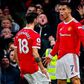 Bruno Fernandes and Cristiano Ronaldo celebrate at Old Trafford on Thursday night.