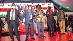 Former Prime Minister Raila Odinga, Baringo Senator Gideon Moi, former Vice Presidents Kalonzo Musyoka and Musalia Mudavadi during the KANU national delegates conference on September 30, 2021