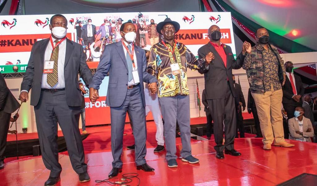 Former Prime Minister Raila Odinga, Baringo Senator Gideon Moi, former Vice Presidents Kalonzo Musyoka and Musalia Mudavadi during the KANU national delegates conference on September 30, 2021