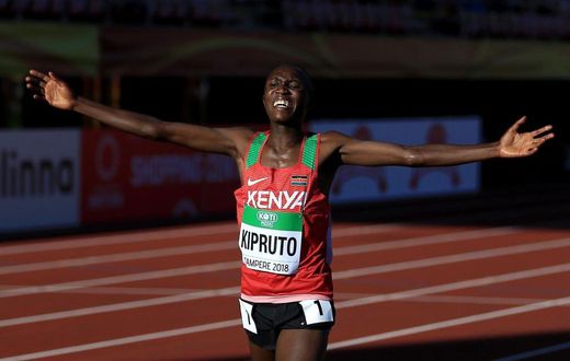 TAMPERE, FINLAND - JULY 10: Rhonex Kipruto of Kenya crosses the finish line to win the final of the men's 10,000m on day one of The IAAF World U20 Championships on July 10, 2018 in Tampere, Finland. (Photo by Stephen Pond/Getty Images for IAAF)