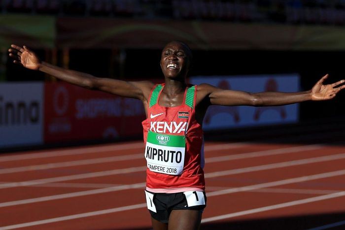 TAMPERE, FINLAND - JULY 10: Rhonex Kipruto of Kenya crosses the finish line to win the final of the men's 10,000m on day one of The IAAF World U20 Championships on July 10, 2018 in Tampere, Finland. (Photo by Stephen Pond/Getty Images for IAAF)