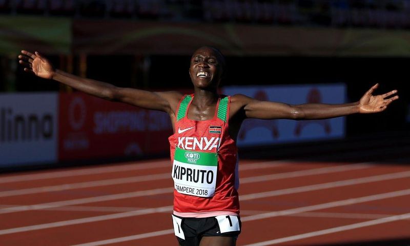TAMPERE, FINLAND - JULY 10: Rhonex Kipruto of Kenya crosses the finish line to win the final of the men's 10,000m on day one of The IAAF World U20 Championships on July 10, 2018 in Tampere, Finland. (Photo by Stephen Pond/Getty Images for IAAF)