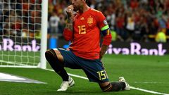 Bowing out: Sergio Ramos celebrated after converting a penalty against Sweden in Euro 2020 qualifying at  the Santiago Bernabeu in Madrid