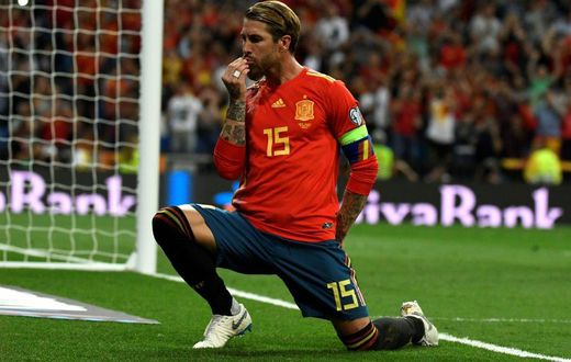 Bowing out: Sergio Ramos celebrated after converting a penalty against Sweden in Euro 2020 qualifying at  the Santiago Bernabeu in Madrid