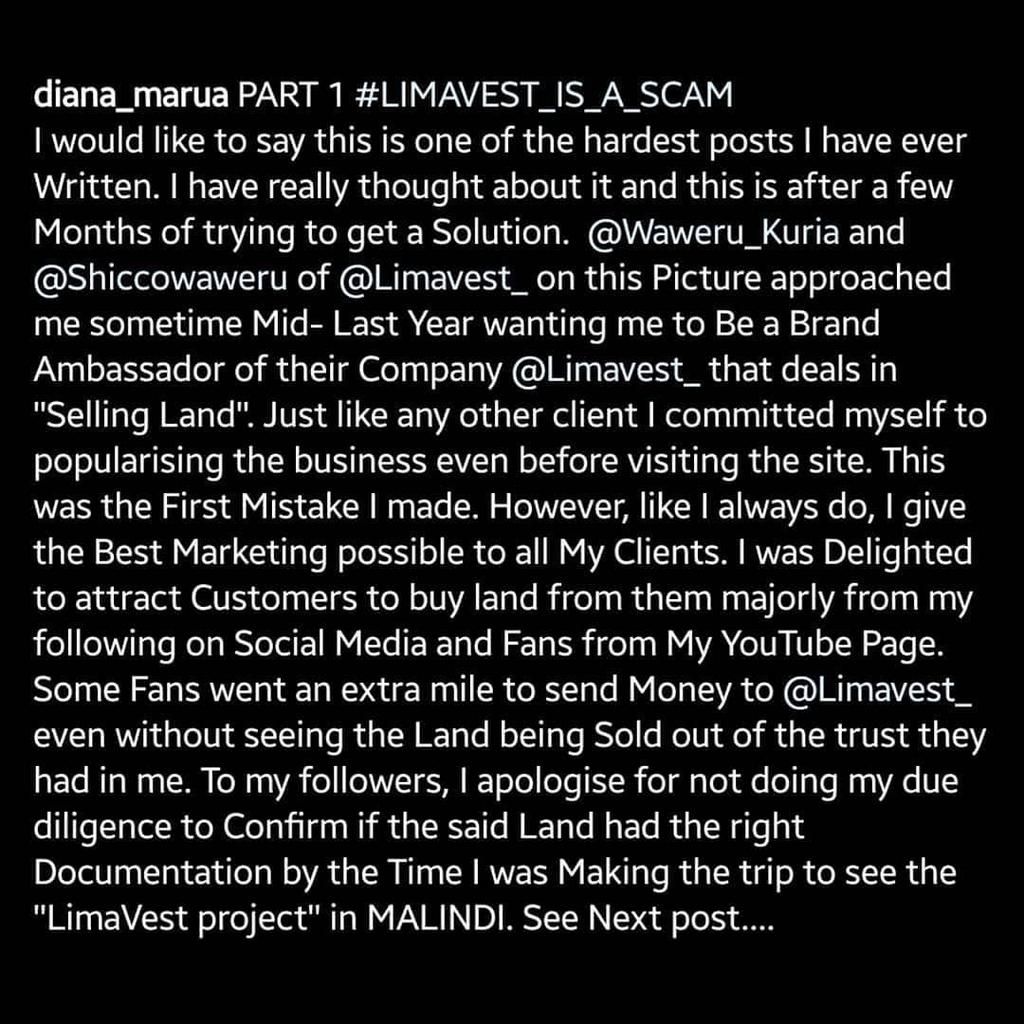 Diana Marua call out Limavest for using her to con Kenyans with Fake Plots