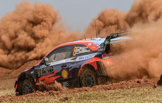 JUNE 24: Ott Tanak of Estonia and Martin Jarveoja of Estonia compete with their Hyundai Shell Mobis WRT Hyundai i20 Coupe WRC during Day One of the FIA World Rally Championship Kenya on June 24, 2021 in Nairobi, Kenya. (Photo by Massimo Bettiol/Getty I...