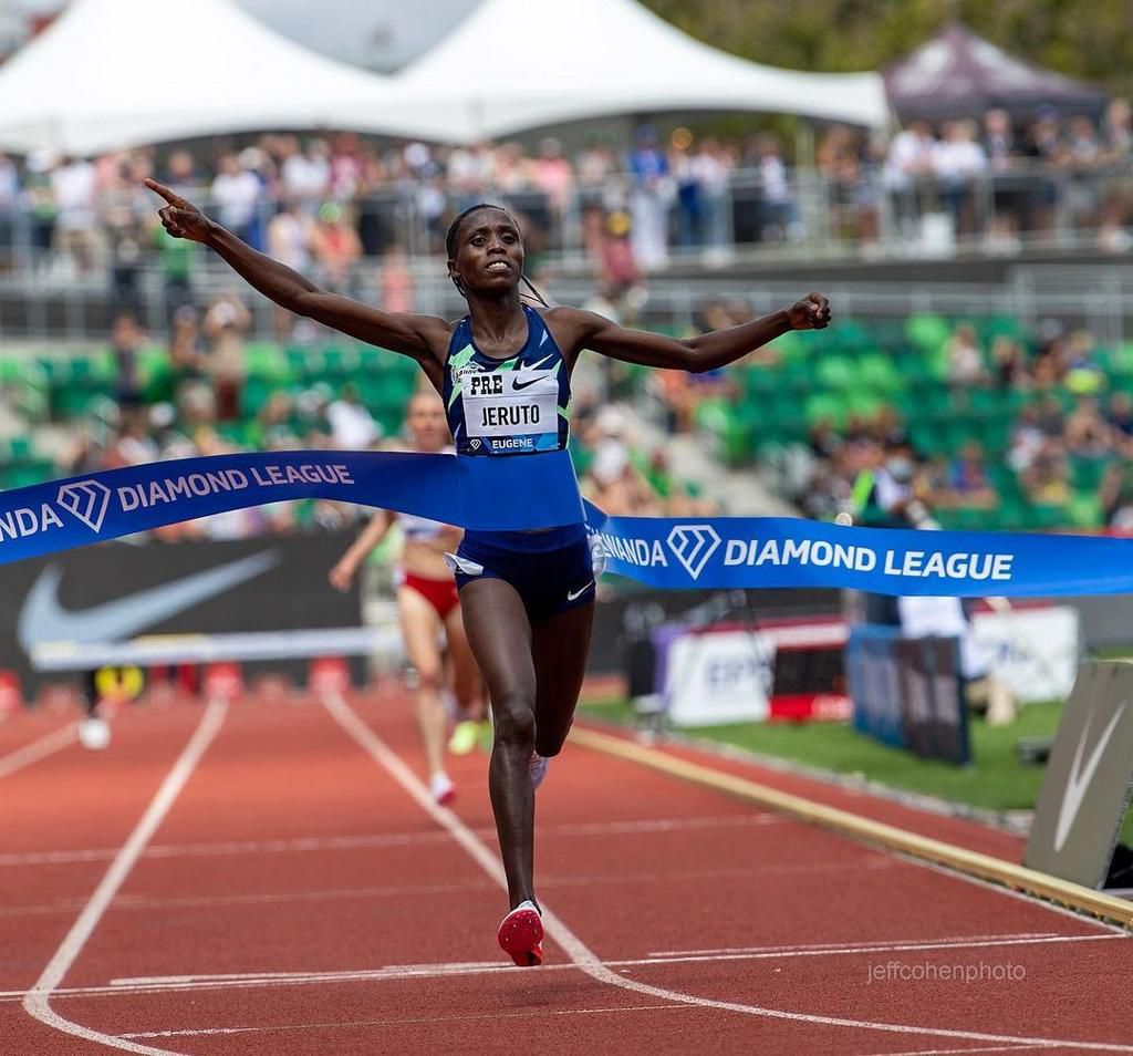 Kenya's Norah Jeruto celebrates after winning the women's 3000m steeplechase event of the IAAF Diamond League athletics meeting "Weltklasse" in Zurich on September 9, 2021. (Photo by Stefan Wermuth / AFP) (Photo by STEFAN WERMUTH/AFP via Getty Images)
