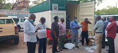 Education CAS Hassan Noor supervises distribution of KCPE2020 examination materials at a Garissa Town container