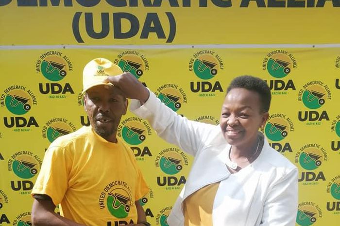 UDA Secretary General Veronica Maina receives Comedian Joseph Kinuthia, better known as Omosh at the party's headquarters.