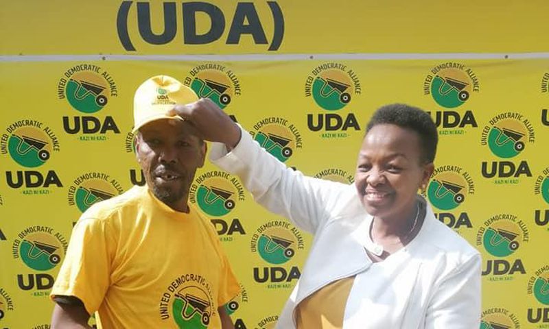 UDA Secretary General Veronica Maina receives Comedian Joseph Kinuthia, better known as Omosh at the party's headquarters.