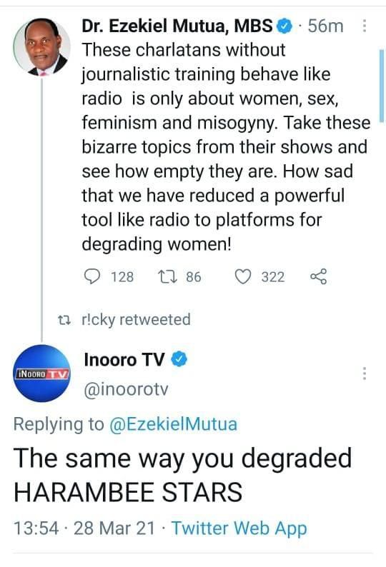 Inoroo TV forced to Apologize to Ezekiel Mutua over this Replay to his Tweet (Screenshot)