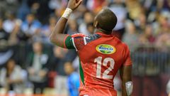[FILE PHOTO] VANCOUVER, BC - MARCH 11: Willy Ambaka (12) of Kenya celebrates after scoring a try against Fiji during day 2 of the 2018 Canada Sevens Rugby Tournament on March 11, 2018 at BC Place in Vancouver, British Columbia, Canada. (Photo by Derek ...