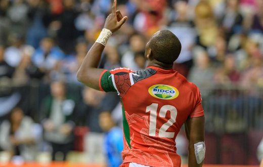 [FILE PHOTO] VANCOUVER, BC - MARCH 11: Willy Ambaka (12) of Kenya celebrates after scoring a try against Fiji during day 2 of the 2018 Canada Sevens Rugby Tournament on March 11, 2018 at BC Place in Vancouver, British Columbia, Canada. (Photo by Derek ...