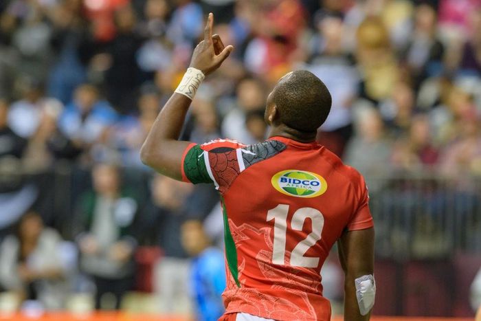 [FILE PHOTO] VANCOUVER, BC - MARCH 11: Willy Ambaka (12) of Kenya celebrates after scoring a try against Fiji during day 2 of the 2018 Canada Sevens Rugby Tournament on March 11, 2018 at BC Place in Vancouver, British Columbia, Canada. (Photo by Derek ...