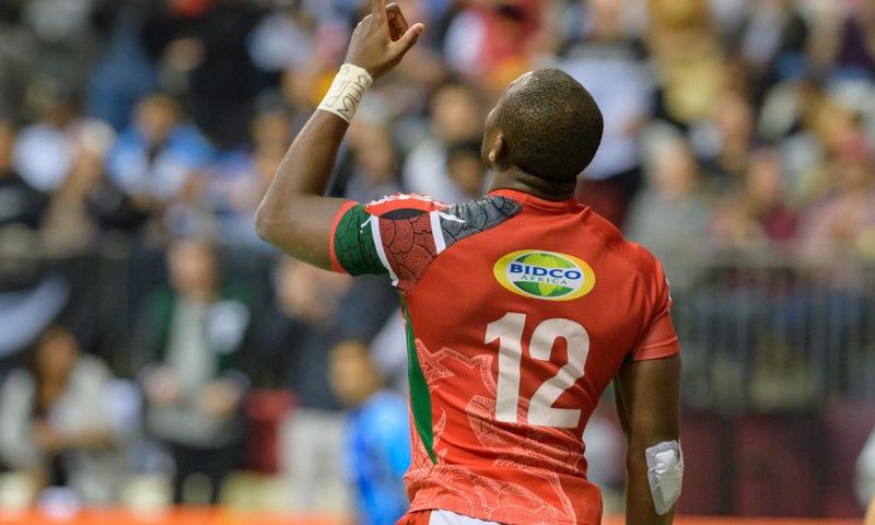 [FILE PHOTO] VANCOUVER, BC - MARCH 11: Willy Ambaka (12) of Kenya celebrates after scoring a try against Fiji during day 2 of the 2018 Canada Sevens Rugby Tournament on March 11, 2018 at BC Place in Vancouver, British Columbia, Canada. (Photo by Derek ...
