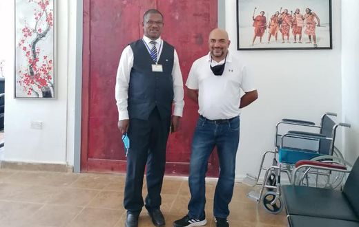 Hamptons Hospital CEO Hon. Dr. Maurice Siminyu (left) and Atos Senior project manager for SADC region Virgil Shetty at Hamptons Hospital in Mwale Medical and Technology City on June 8th, 2021