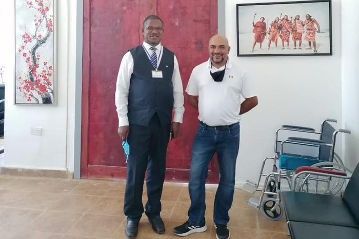 Hamptons Hospital CEO Hon. Dr. Maurice Siminyu (left) and Atos Senior project manager for SADC region Virgil Shetty at Hamptons Hospital in Mwale Medical and Technology City on June 8th, 2021