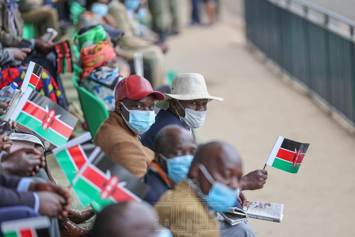 Kenyans at the Wang'uru Stadium in Kirinyaga County during the 2021 Mashujaa Day celebrations