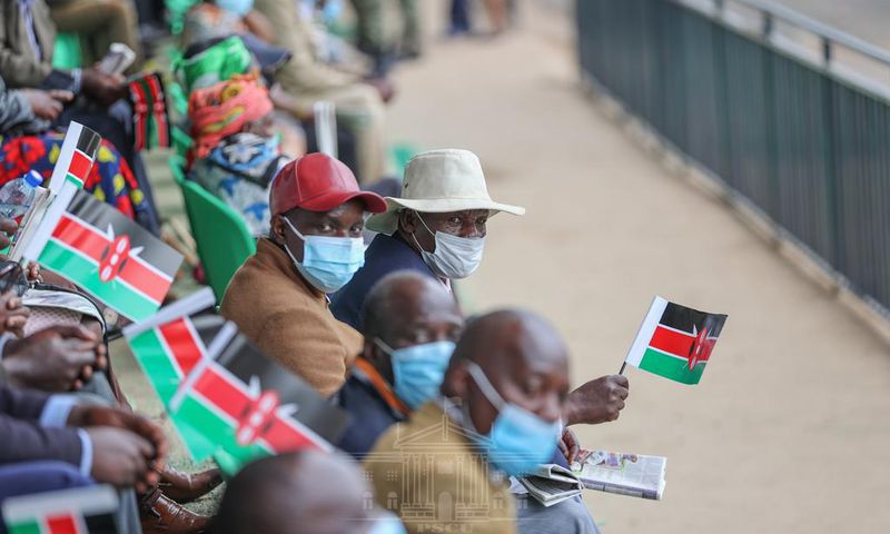 Kenyans at the Wang'uru Stadium in Kirinyaga County during the 2021 Mashujaa Day celebrations