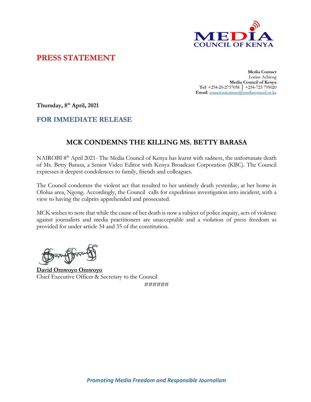 Media Council issue statement after brutal murder of Journalist Betty Barasa