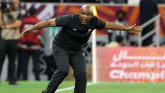Al Ahly of Egypt coach Pitso Mosimane reacts during the CAF Super Cup match against Raja Casablanca of Morocco in Qatar on December 22.