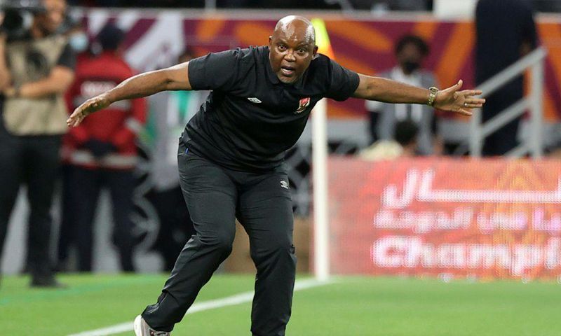 Al Ahly of Egypt coach Pitso Mosimane reacts during the CAF Super Cup match against Raja Casablanca of Morocco in Qatar on December 22.