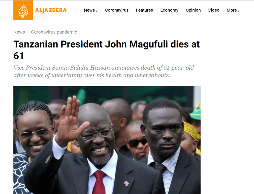 Aljazeera reports President John Pombe Magufuli's death