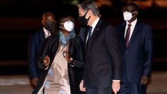 Secretary of State Antony Blinken, right, is greeted by Kenya's Cabinet Secretary for Foreign Affairs Ambassador Raychelle Omamo, left, as he arrives at Jomo Kenyatta International Airport in Nairobi, Kenya, on November 17, 2021. - Blinken begins a fiv...