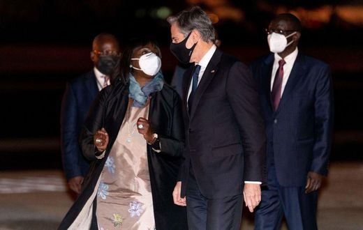 Secretary of State Antony Blinken, right, is greeted by Kenya's Cabinet Secretary for Foreign Affairs Ambassador Raychelle Omamo, left, as he arrives at Jomo Kenyatta International Airport in Nairobi, Kenya, on November 17, 2021. - Blinken begins a fiv...