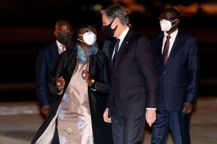 Secretary of State Antony Blinken, right, is greeted by Kenya's Cabinet Secretary for Foreign Affairs Ambassador Raychelle Omamo, left, as he arrives at Jomo Kenyatta International Airport in Nairobi, Kenya, on November 17, 2021. - Blinken begins a fiv...
