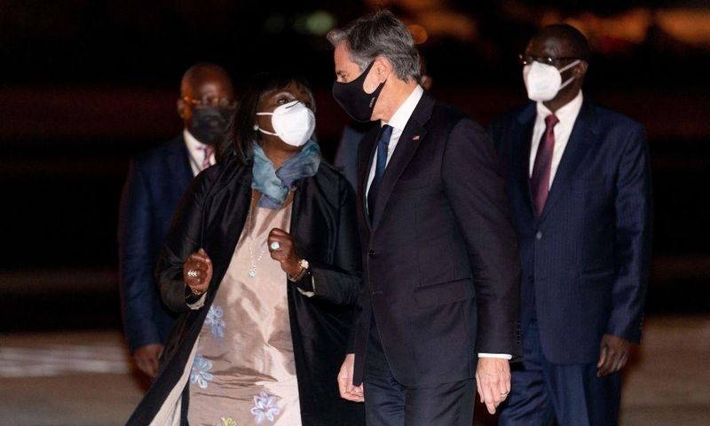 Secretary of State Antony Blinken, right, is greeted by Kenya's Cabinet Secretary for Foreign Affairs Ambassador Raychelle Omamo, left, as he arrives at Jomo Kenyatta International Airport in Nairobi, Kenya, on November 17, 2021. - Blinken begins a fiv...