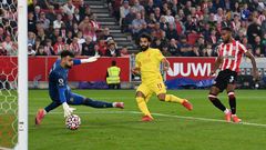 Mohamed Salah scores his 100th Premier League goal for Liverpool against Brentford