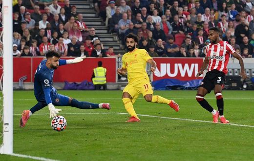 Mohamed Salah scores his 100th Premier League goal for Liverpool against Brentford